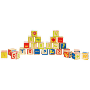 shown are the colorful various sides on the 26 piece hape ABC wooden blocks set