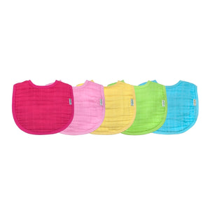 green sprouts 5 pack of muslin bibs includes the colors blue, light blue, light green, yellow, and orange.