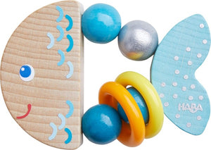 Haba Clutching Toy Rattlefish, wooden infant fish toy with ring and rattles. 