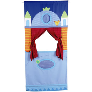 HABA Doorway Puppet Theater measures 67" tall and 31" wide, but the poles extend a bit further (up to 45")