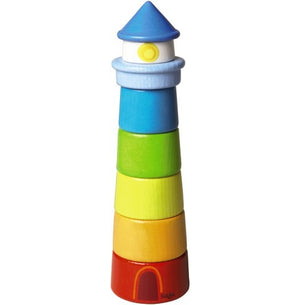 Colorful 8 piece HABA Lighthouse Stacking Game all stacked up to form a lighthouse