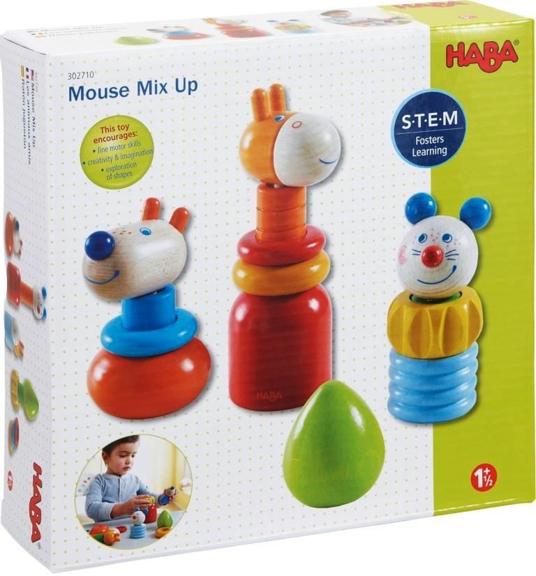 vibrant colors of the 14 wooden piece HABA Mouse Mix Up set