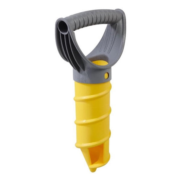 haba sand drill toy has a grey handle and yellow drill bottom