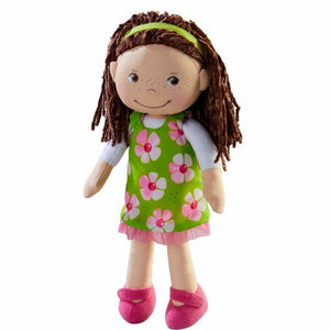 haba soft 12 inch doll, coco in a green dress with pink flowers and pink  shoes