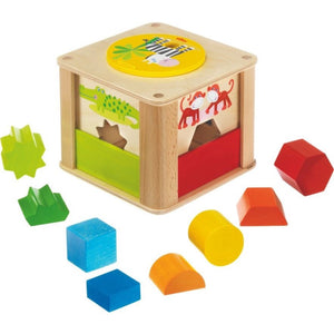 8 rainbow colored shapes and the HABA Zookeeper Sorting Box
