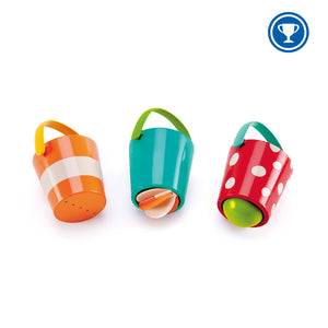 Hape set of three colorful Happy Buckets Bath Toy set