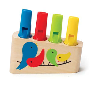 Hape Rainbow Pan Flute has colorful birds and tubes in blue, red, green, and yellow for ages 3 years and older