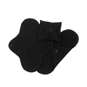 Cloth Menstrual Pad Starter Kit by Imse Vimse, 100% organic cotton pads, comes with 1 bag of 100% organic cotton 3 night pads, 6 regular pads, 3 pantyliners, 1wash bag, and 1 brochure, shown in black