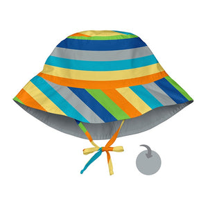 multi striped and gray reversible bucket hat by i play, showing the colorful striped side