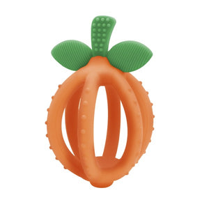 ritzy ritzy clementine teething ball is orange with a green  stem
