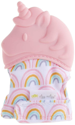llama  itzy ritzy teething mitt with light blue colored llama silicone top and various colorful llama polyester mitt