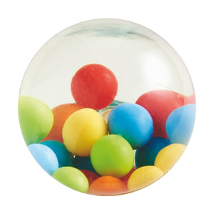Haba Kullerbü Colorful Balls Bouncy Ball is filled with water, and smaller plastic balls inside, measures 2"