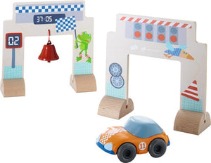 HABA Kullerbü Racetrack features a momentum motor car and a start and finish gate