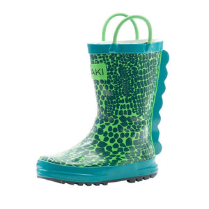 oaki wear loop handle rain boots in Green Floral print, with pink accents