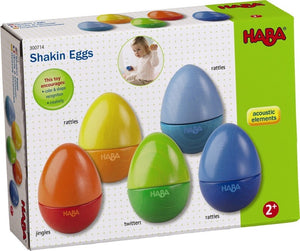 HABA packaging of the Shakin Eggs, acoustic eggs in 5 color palettes