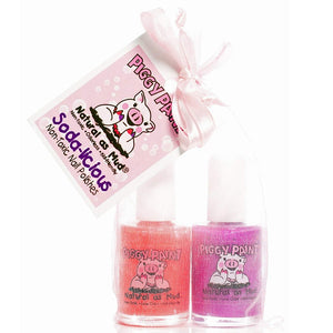 cutie fruity set includes 4- .25 ounces of piggy paint polish in berry go round, shimmy shimmy pop, tutu cool, and dragon tears with nail art set