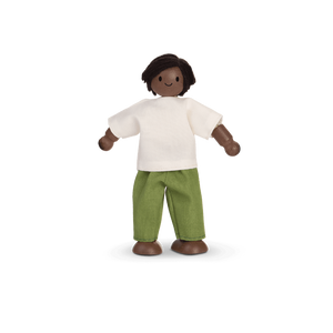 plan toys african american man doll house doll wearing a white shirt and green pants