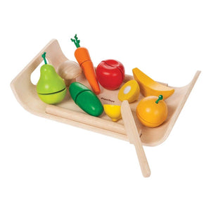 plan toys assorted fruit and vegetable set includes 8 pieces of produce 1 knife and 1 cutting board