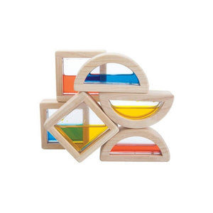 plan toys water blocks consist of 6 wood and acrylic blocks with colored water