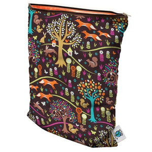 Size medium Planet Wise Wet Bag, Oasis print, multi-colored paisleys, flowers, waves, and shells, measures 12.5" x 16" with 1 zipper and made in USA logo