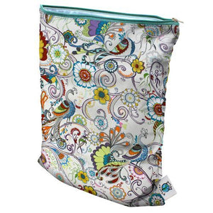 Size medium Planet Wise Wet Bag, Oasis print, multi-colored paisleys, flowers, waves, and shells, measures 12.5" x 16" with 1 zipper and made in USA logo