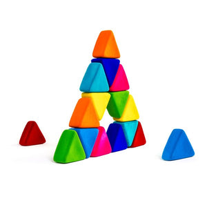 Rubbabu triangles measure 3" each edge and 1.5" high in a rainbow of colors