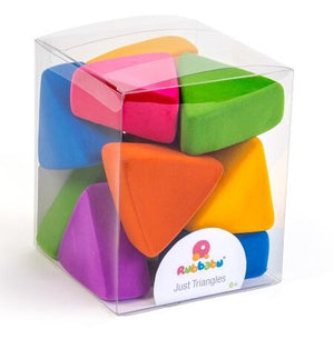 Rubbabu triangles measure 3" each edge and 1.5" high in a rainbow of colors