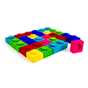 Rubbabu natural rubber blocks includes 10 rectangular and 10 square blocks in bright colors