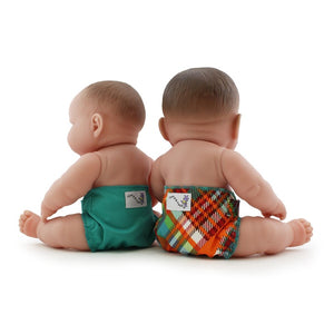 front image of Rumparooz doll diapers set of two, sweet solid color and tokibambino print 