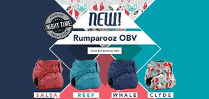 Rumparooz OBV One-size pocket diapers in Care Bears print with the Rumparooz logo
