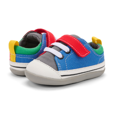 See Kai Run first walker shoes for toddlers, shown in Navy background with Very Hungry Caterpillar print