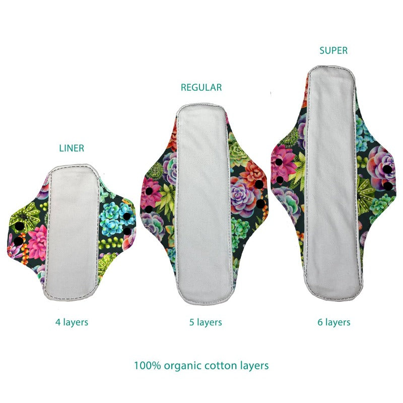 thirsties sample pack menstrual pads in desert bloom, include one each of three sizes.