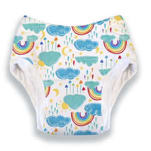 Thirstiest Potty Training Pant in Classic Jurassic print, t-rex, stego, tyranno, tera in colorful colors on white background, made in USA