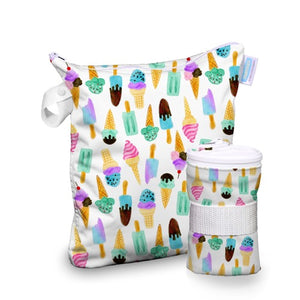 Thirsties Wet Bag in Birdie print, teal, yellow and navy leafy branches with yellow birds, measures 16h x 14w, made in USA
