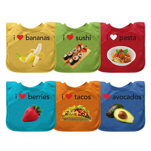 avocado food on a blue 100% cotton pull-over bib by green sprouts