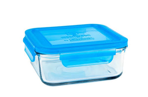 wean green 28 ounce glass meal cube with a blue locking lid