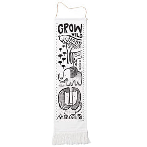 Wee Gallery brand organic cotton growth chart with black and white print, rainforest theme