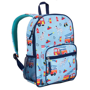 wildkin day2day backpack in firefighters print with firehouse images on a light blue background