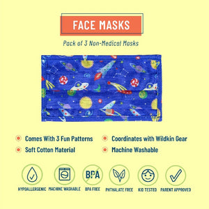wildkin 3 pack children's face masks in under construction, robots, and out of this world designs
