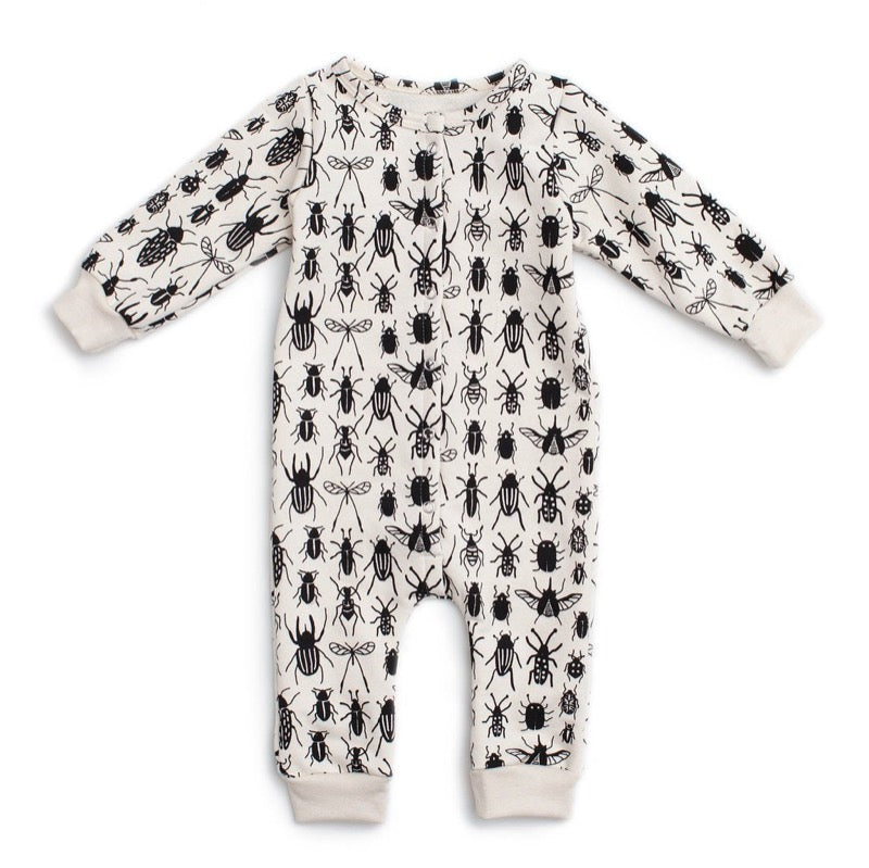winter water factory french terry jumpsuit in outerspace print with white space ships, stars, and aliens on charcoal black background are made in New York State