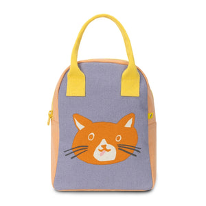 Fluf brand organic cotton sustainable lunch bag, shown in cat print with yellow handle, on blue and orange