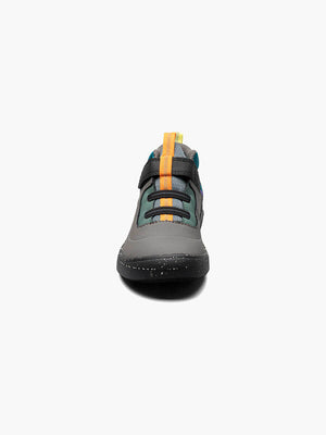 Bogs Skyline Mid Kicker shoe for kids, water resistant and durable, shown in black multi style, with gray and blue