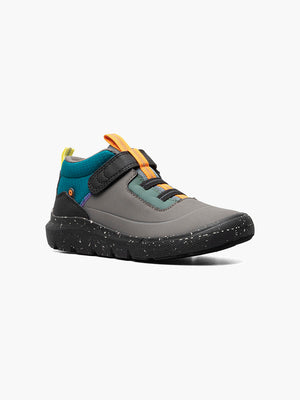 Bogs Skyline Mid Kicker shoe for kids, water resistant and durable, shown in black multi style, with gray and blue