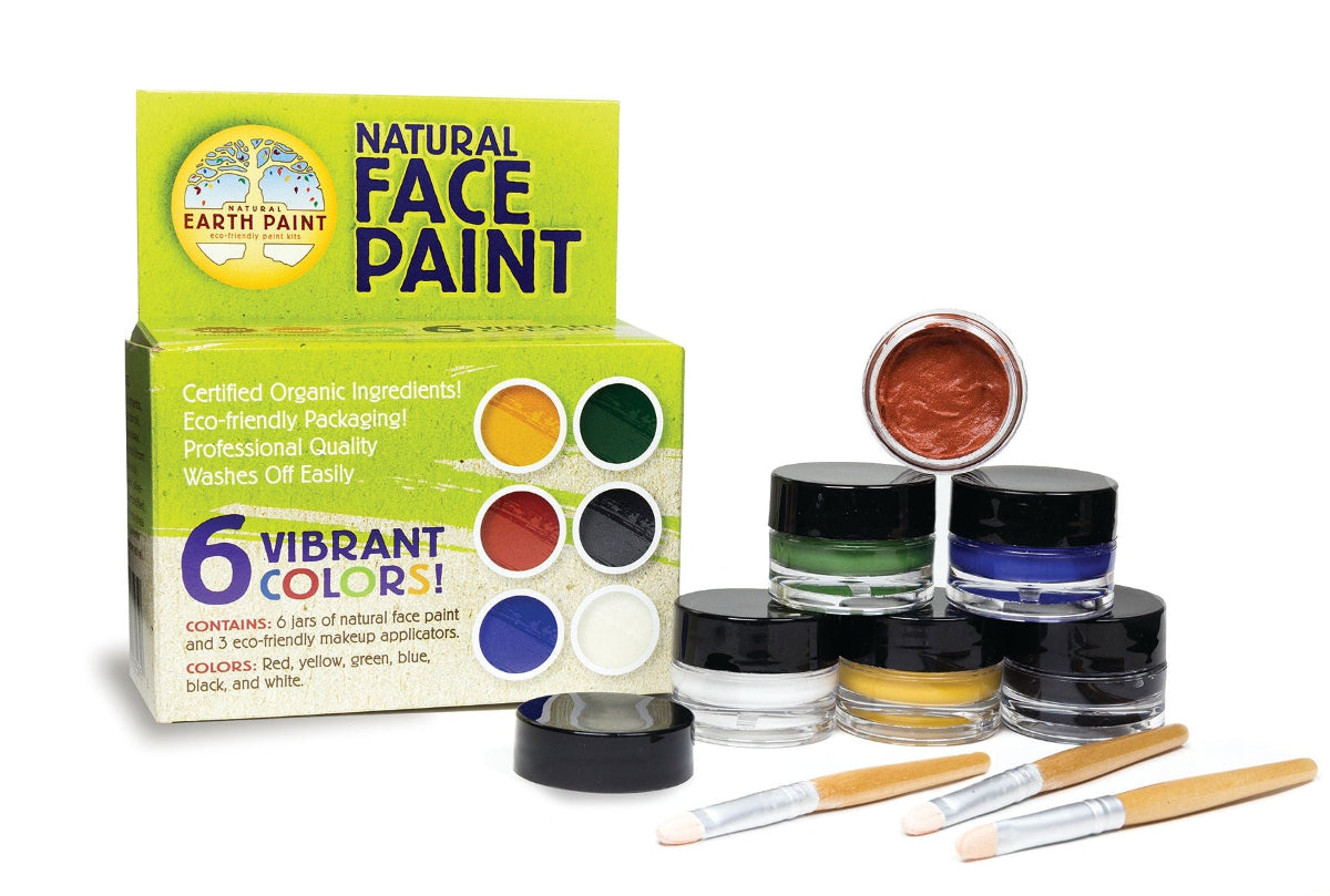 Natural face paint kit with jars of paint and brushes on a white background, kit includes 6 colors and 3 brushes
