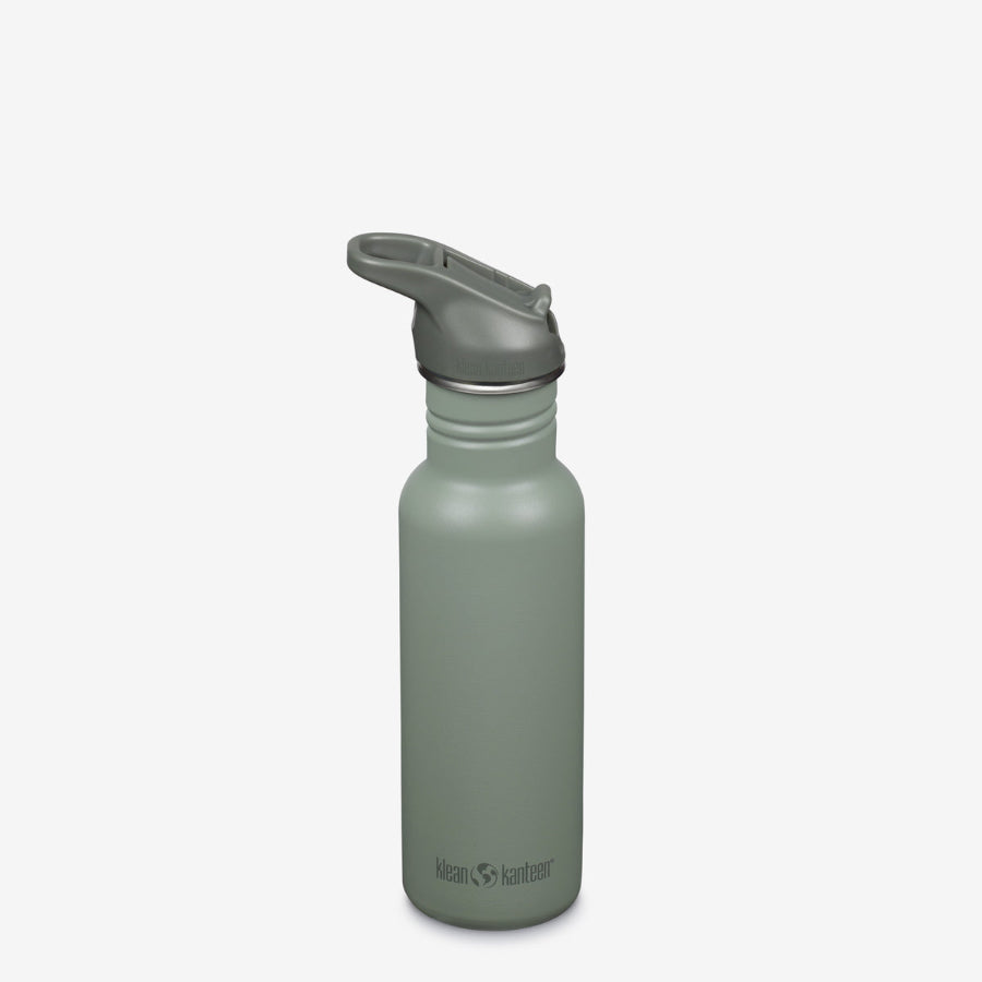 Klean Kanteen brand water bottle, 18 oz capacity, narrow with flip cap, shown in solid blue corsair color on white background