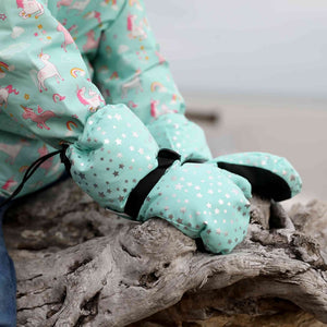 Jan & Jul Toasty Dry Waterproof Mittens with long cuff, cinch at wrist, shown in space dino print
