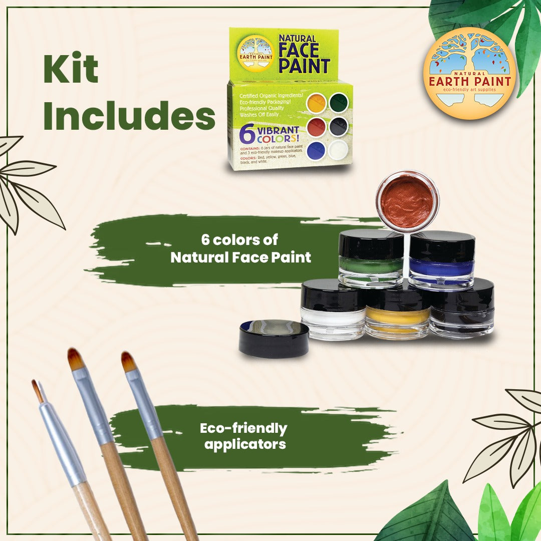 Natural face paint kit with jars of paint and brushes on a white background, kit includes 6 colors and 3 brushes