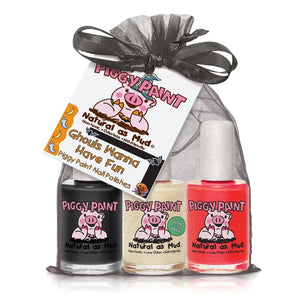 cutie fruity set includes 4- .25 ounces of piggy paint polish in berry go round, shimmy shimmy pop, tutu cool, and dragon tears with nail art set