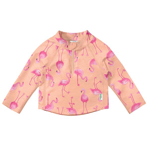 Green Sprouts sunwear Long Sleeve Zip Rash Guard shirt in coral color with flamingo print