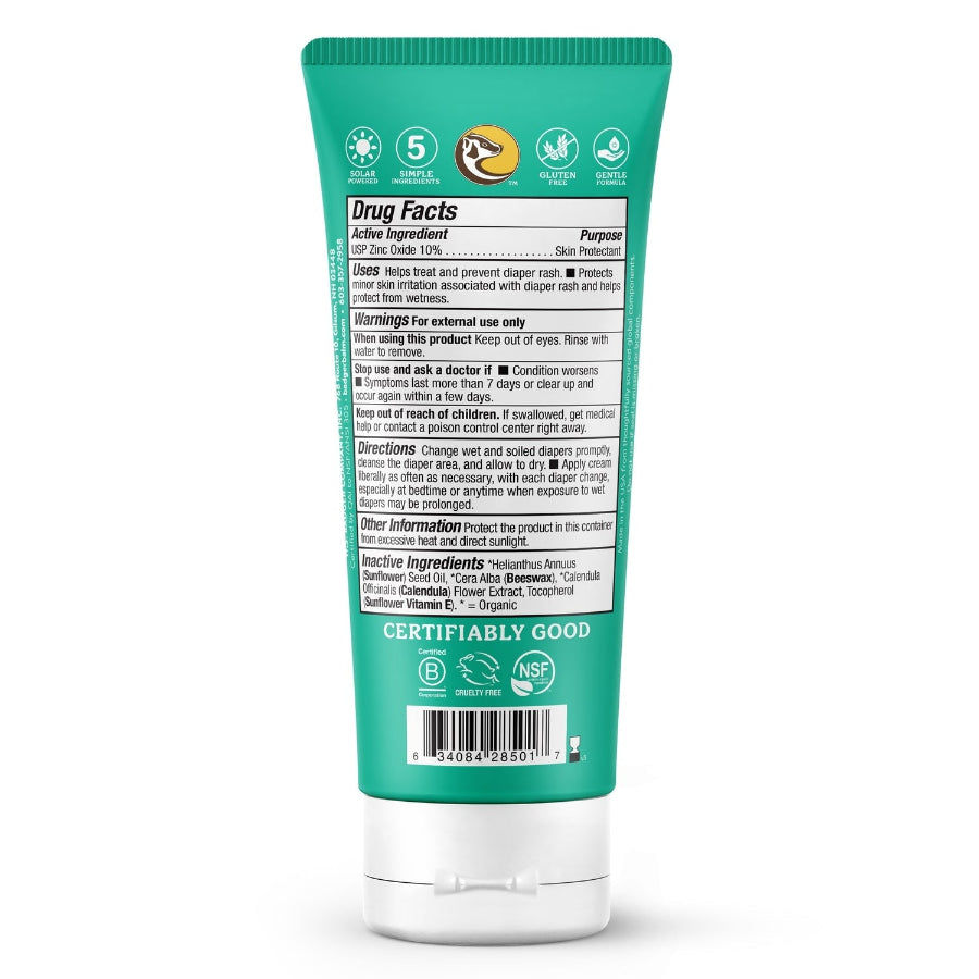 Badger brand zinc oxide diaper cream, tube shown, with calendula, beeswax, and sunflower ingredients